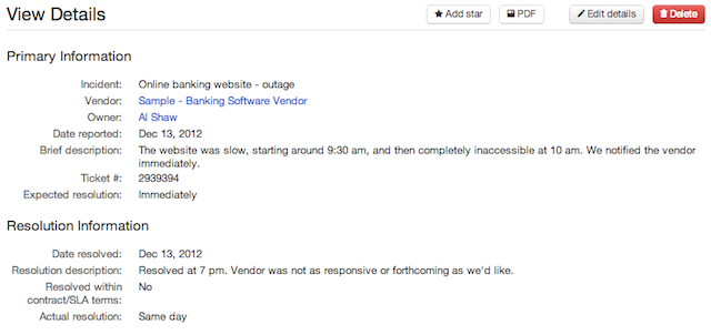 Vendor management incident tracking